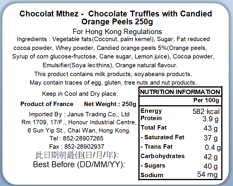 Chocolat Mathez - Cocoa Powdered Truffles Chocolate with Candied Orange Peels Bright Box 250g (Exp. date:10 Mar 2026)