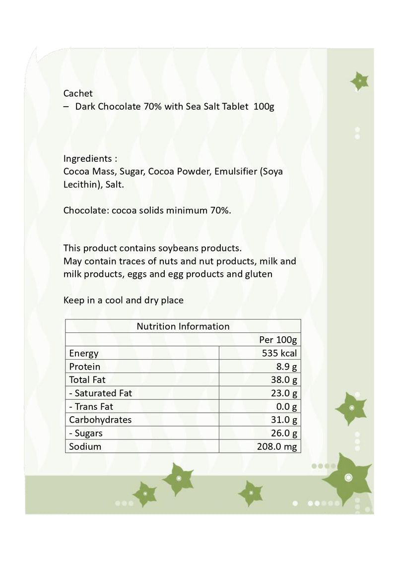Cachet - 70% 可可海鹽純朱古力  100克  (到期日 : 2025年6月9日)