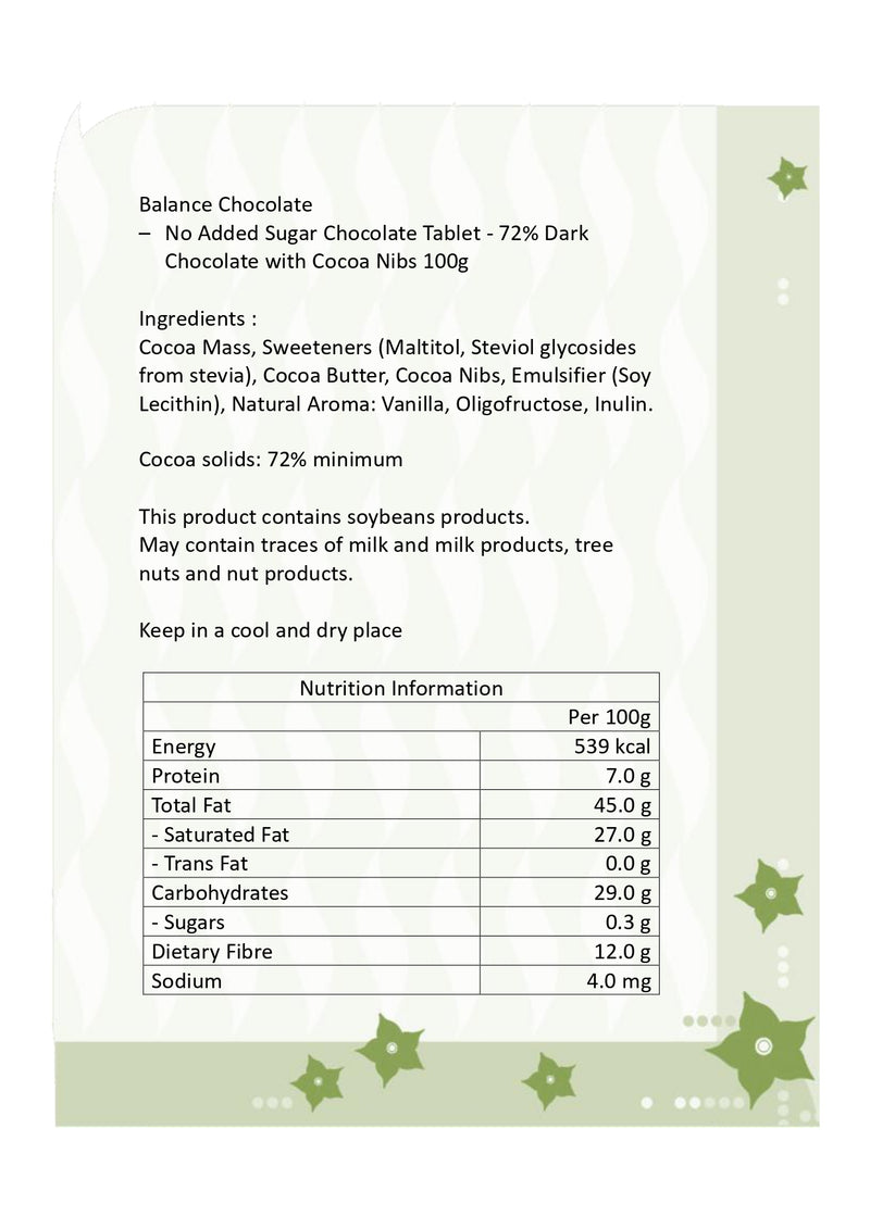 Balance Chocolate - No Added Sugar - 72% Dark Chocolate with Cocoanibs 100g (Expiry Date : 30 Oct 2024)