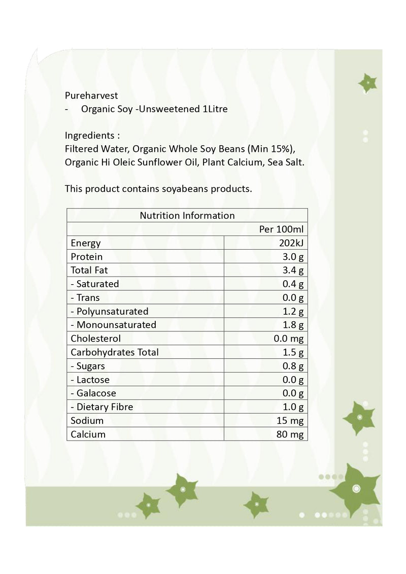 Pureharvest-Organic Nature's Soy (Unsweetened)-1 Litre (Expiry date : 28 May 2025)