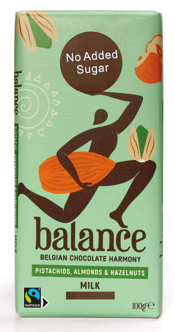 Balance - No Sugar Added - Milk Chocolate with Pistachios, Almonds & Hazelnuts 100g (Expiry Date : 31 Dec 2025)