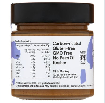 99th Monkey - 100% Nut Butter – Pistachio Almond Butter - UnSalted & Smooth 200g (Expiry date : 19 Jun 2026)