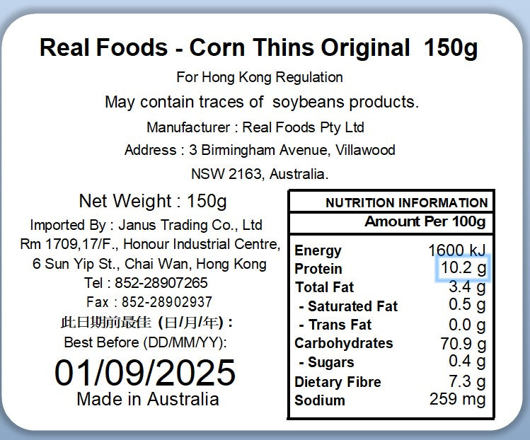 Real Foods-Corn Thins-Original 150g (Expiry date : 01 Sep 2025)