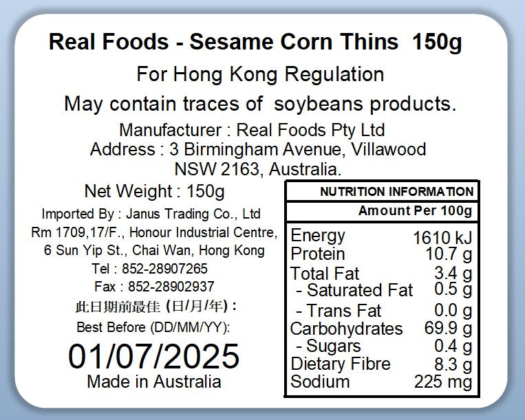 Real Foods-Corn Thins-Sesame 150g (Expiry date : 01 Jul 2025)