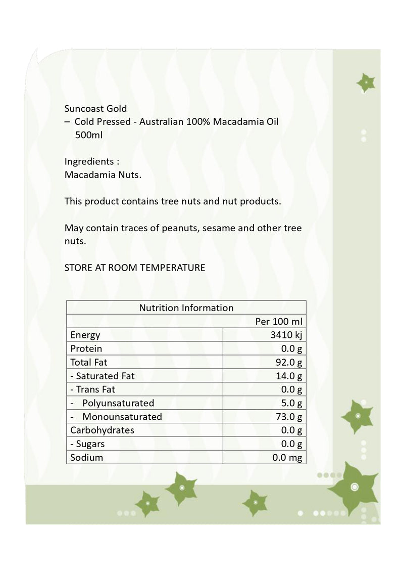 Suncoast Gold - 100% 冷壓堅果(夏威夷果仁)油 500毫升 (到期日 : 2026年1月18日)