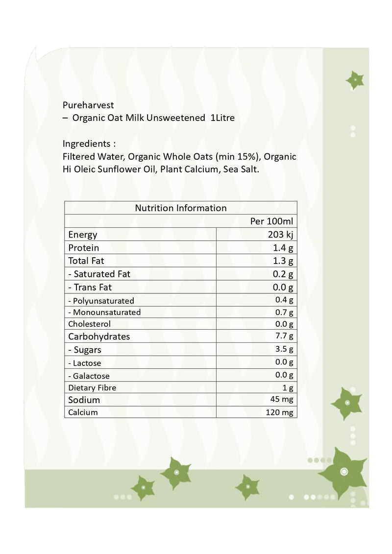 Pureharvest-Organic Oat Milk Unsweetened-1 Litre (Expiry date : 15 Apr 2025)