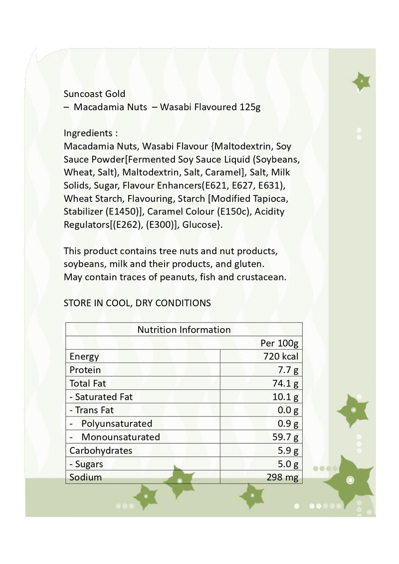 Suncoast Gold-Macadamias Nut Foil Bag-Wasabi Flavoured Macadamia 125g (Expiry date : 15 Feb 2025)